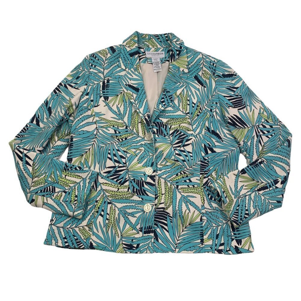 Sag Harbor Stretch Tropical/Leaf Print Linen/Spandex Blazer Women's Size 12
